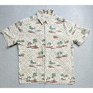 St Johns Bay Shirt Mens XLT Beige Green Palm Tree Silk Cotton Hawaiian Camp